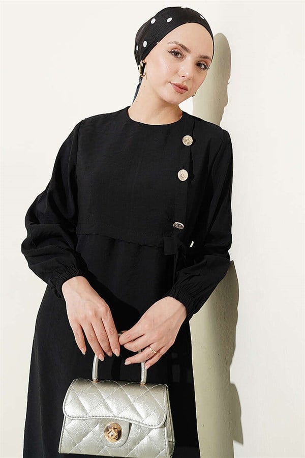 Black Modal Dress with Gold Buttons and Tie