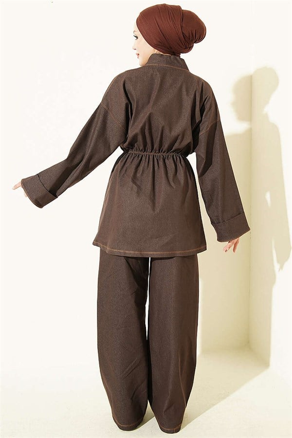 Gold Buttoned 2 Piece Set with Elastic Waistband, Dark Brown