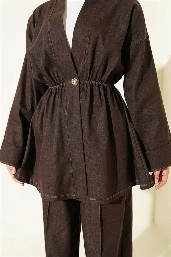 Gold Buttoned 2 Piece Set with Elastic Waistband, Dark Brown