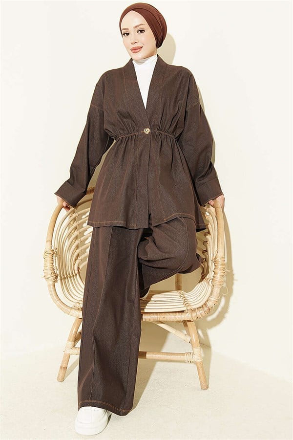 Gold Buttoned 2 Piece Set with Elastic Waistband, Dark Brown