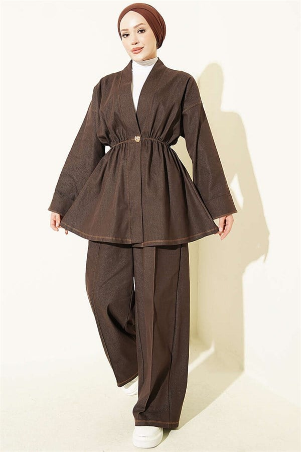 Gold Buttoned 2 Piece Set with Elastic Waistband, Dark Brown