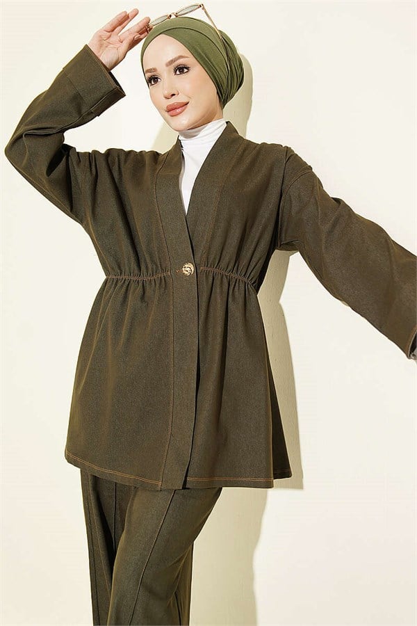 2 Piece Set with Gold Buttons and Elastic Waistband, Khaki