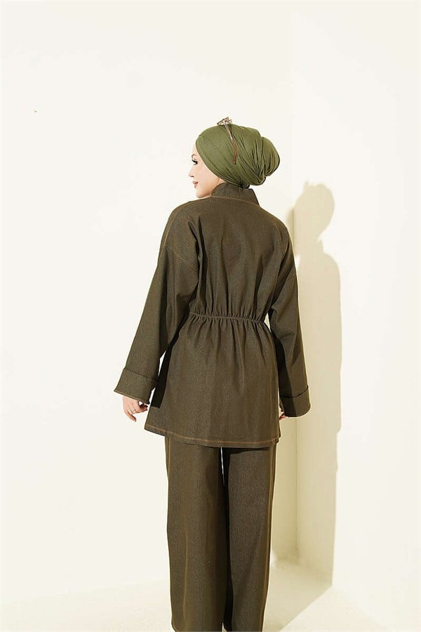 2 Piece Set with Gold Buttons and Elastic Waistband, Khaki