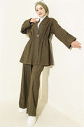 2 Piece Set with Gold Buttons and Elastic Waistband, Khaki