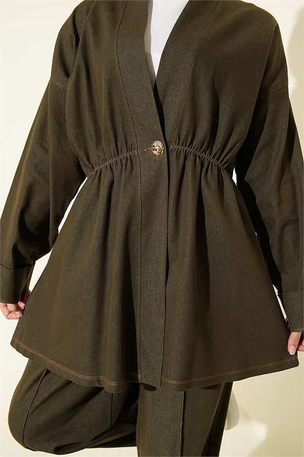 2 Piece Set with Gold Buttons and Elastic Waistband, Khaki