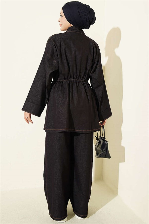 2 Piece Set with Gold Buttons and Elastic Waistband, Navy Blue