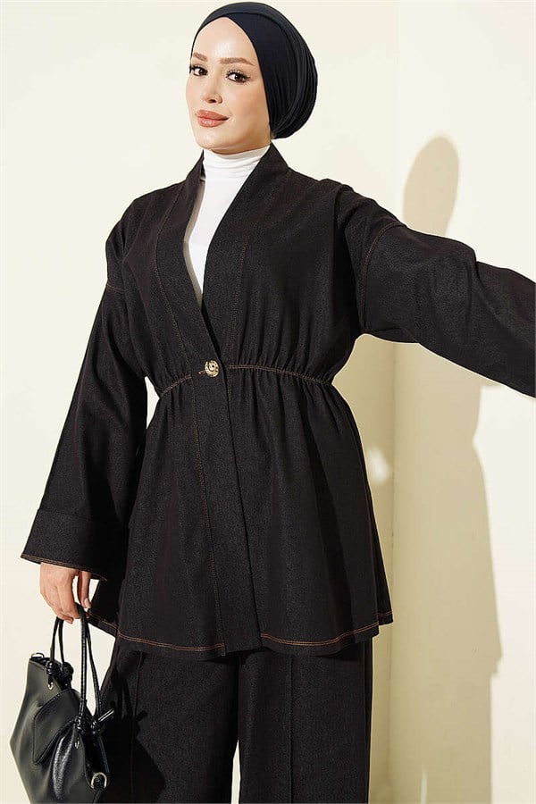 2 Piece Set with Gold Buttons and Elastic Waistband, Navy Blue