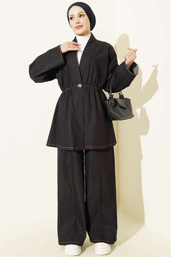 2 Piece Set with Gold Buttons and Elastic Waistband, Navy Blue