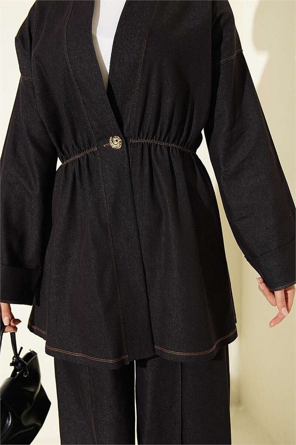 2 Piece Set with Gold Buttons and Elastic Waistband, Navy Blue