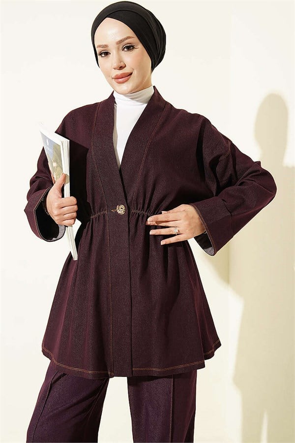 Gold Buttoned Elastic Waist 2 Piece Set in Plum