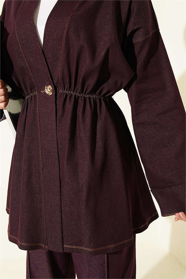 Gold Buttoned Elastic Waist 2 Piece Set in Plum