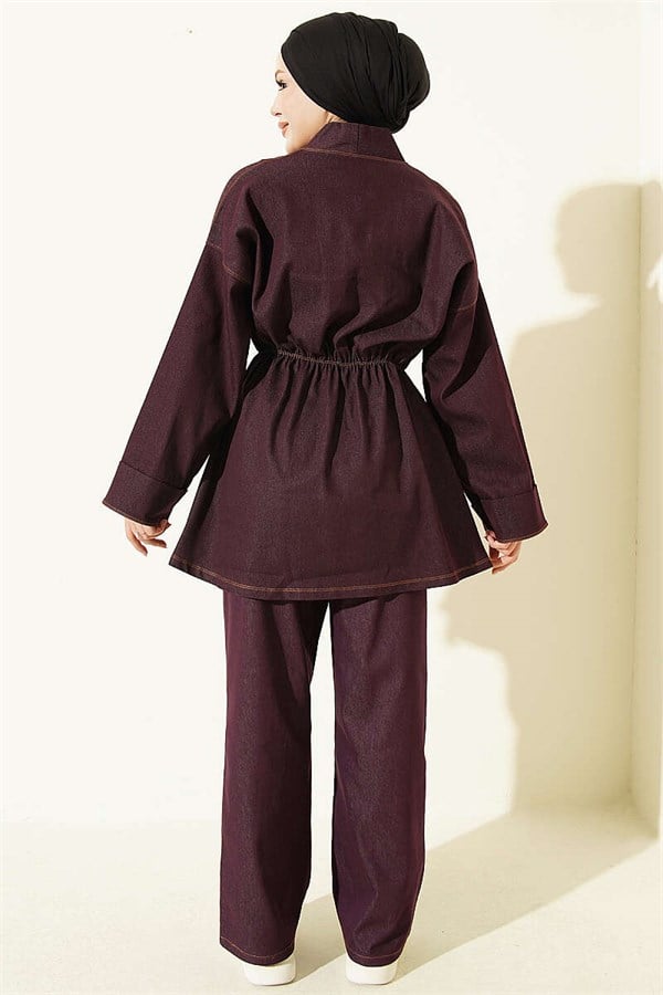 Gold Buttoned Elastic Waist 2 Piece Set in Plum