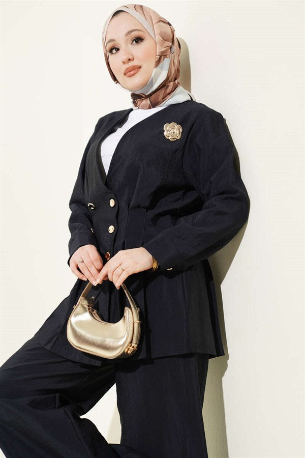 2 Piece Set with Gold Buttons and Waist Darts, Navy Blue