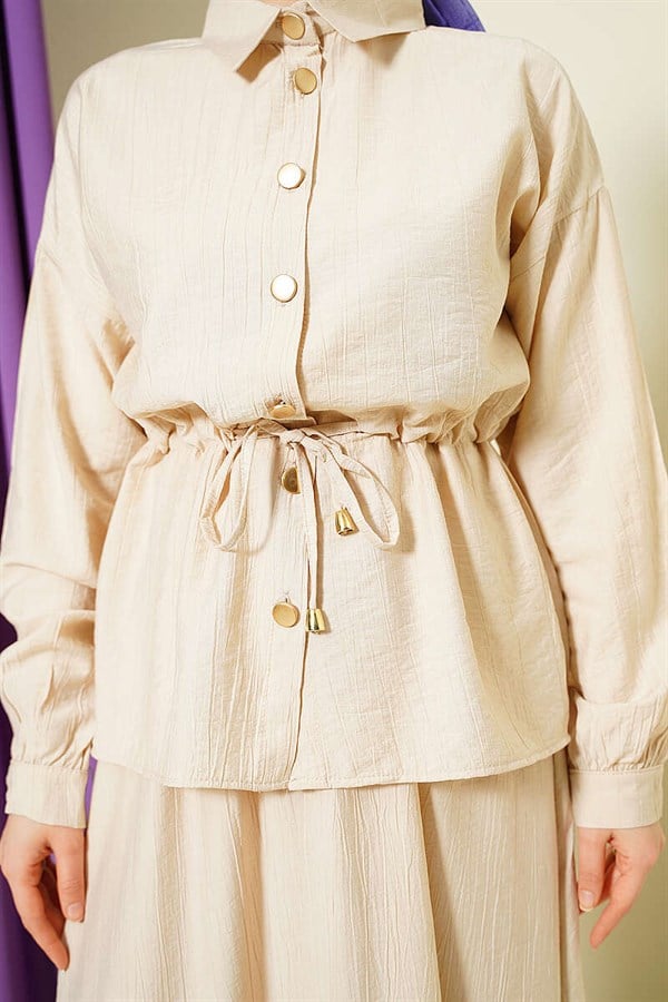 Gold Buttoned Waist Tunnel Skirt 2 Piece Set in Beige
