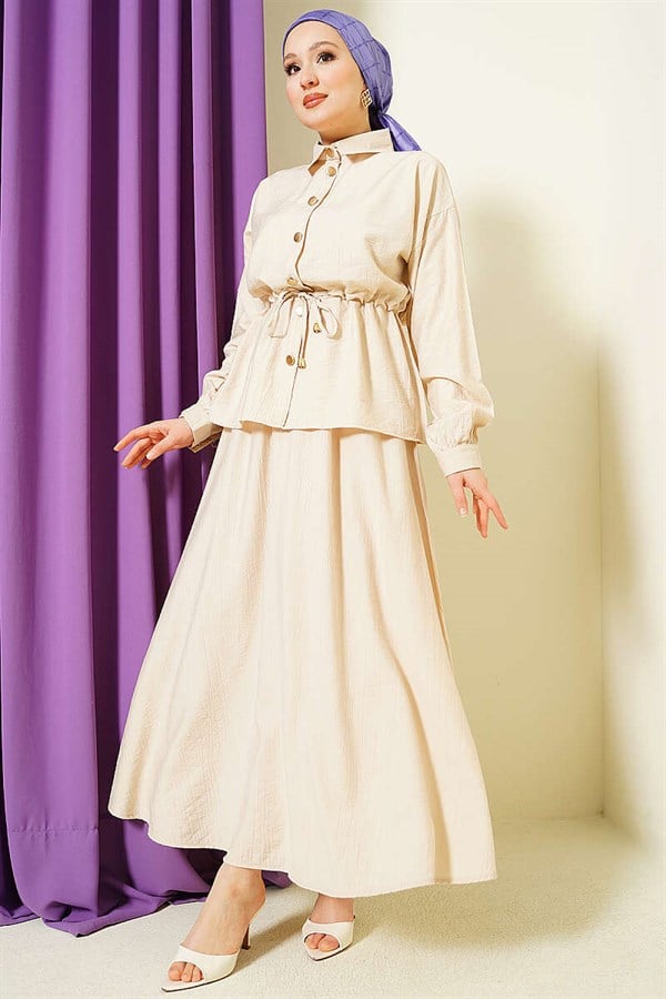 Gold Buttoned Waist Tunnel Skirt 2 Piece Set in Beige