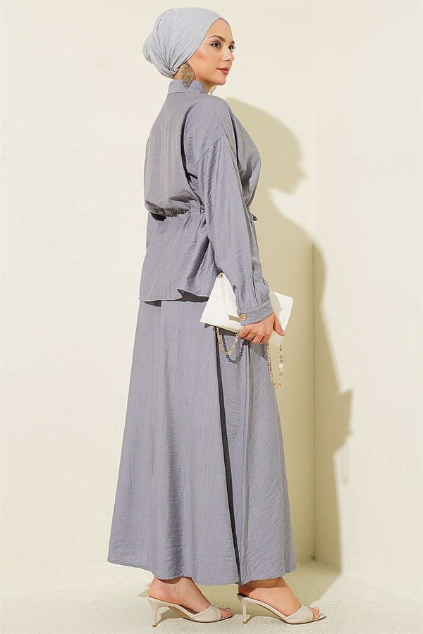 Grey Skirt 2 Piece Set with Gold Buttons and Waistband