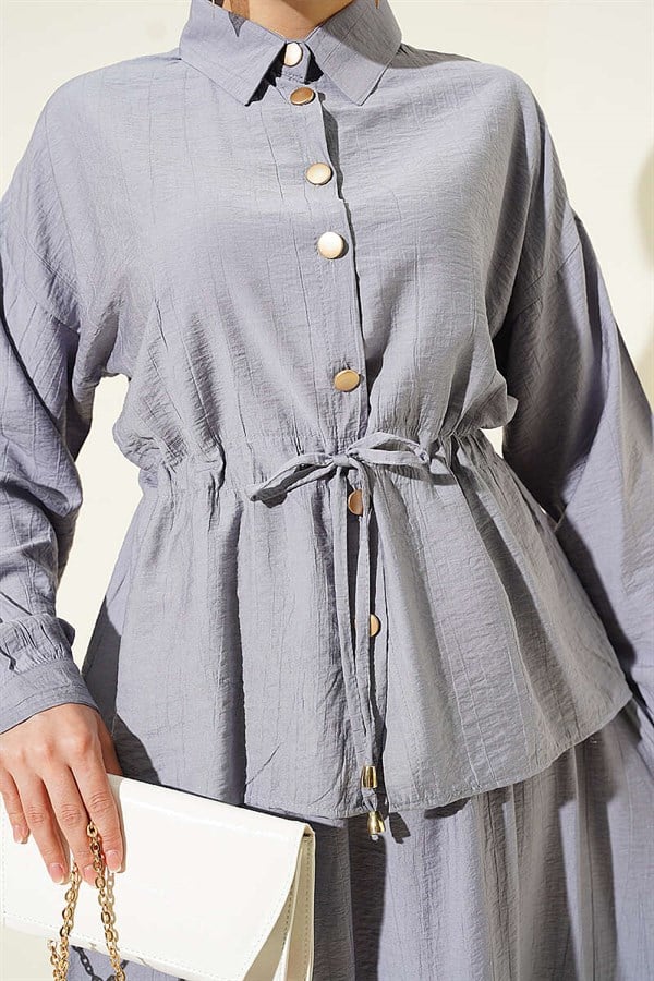 Grey Skirt 2 Piece Set with Gold Buttons and Waistband