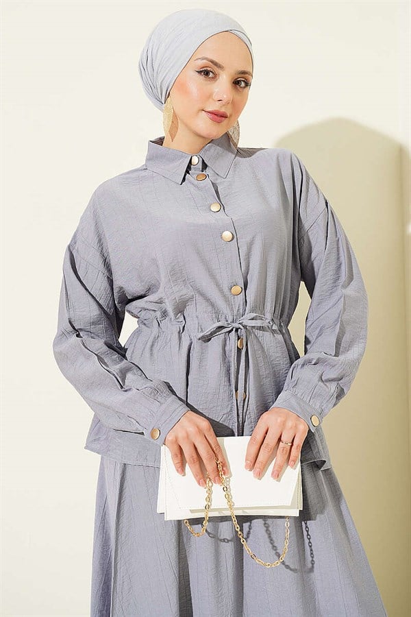 Grey Skirt 2 Piece Set with Gold Buttons and Waistband