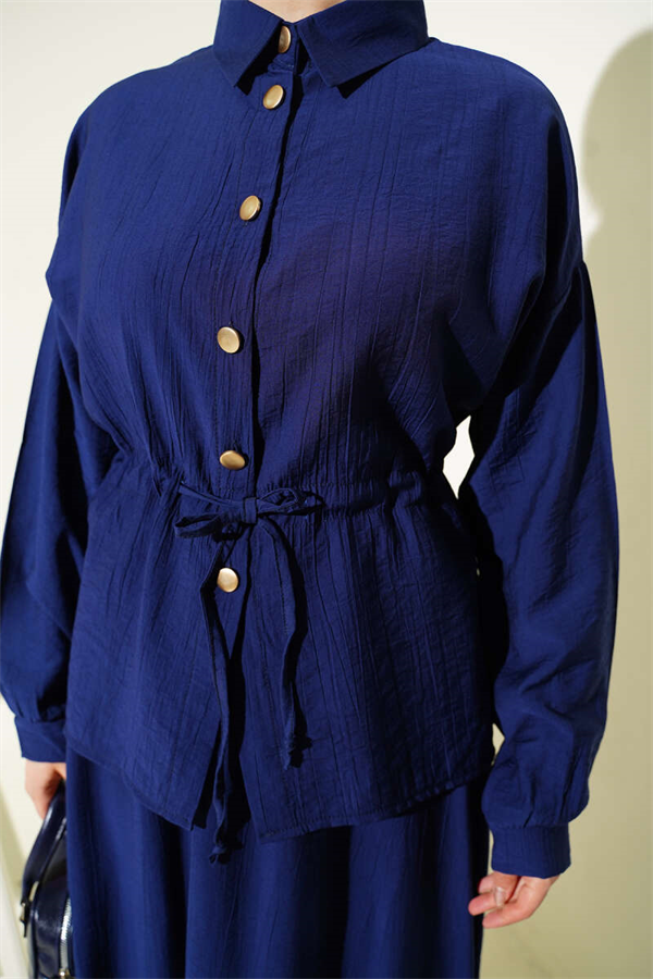 Navy Blue Skirt 2 Piece Set with Gold Buttons and Waist Tunnel