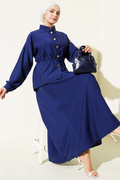 Navy Blue Skirt 2 Piece Set with Gold Buttons and Waist Tunnel