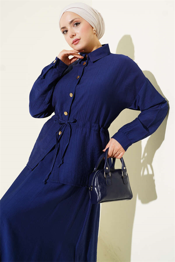 Navy Blue Skirt 2 Piece Set with Gold Buttons and Waist Tunnel