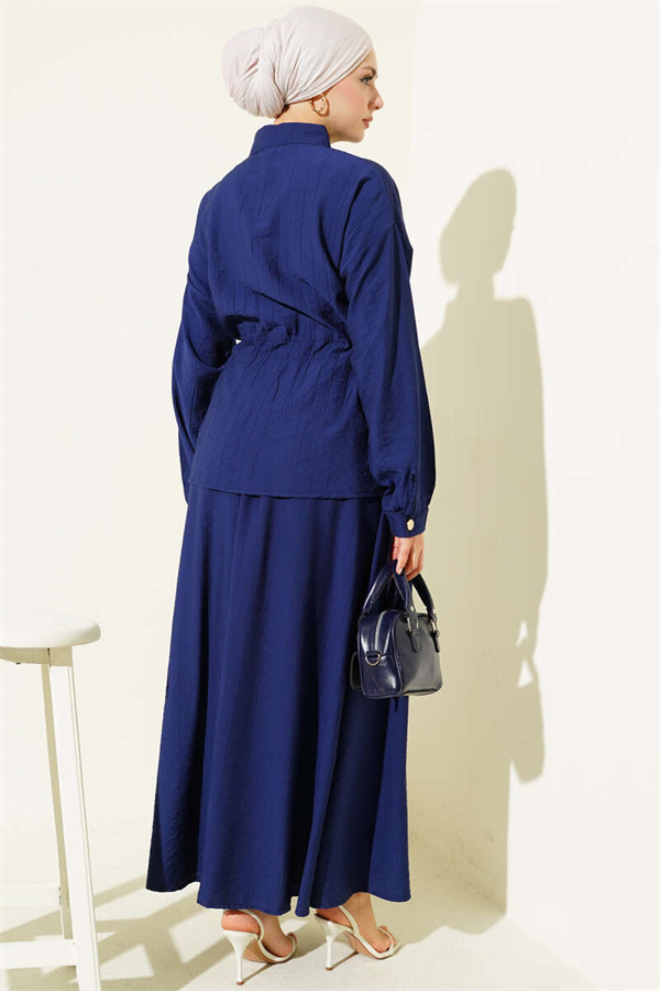 Navy Blue Skirt 2 Piece Set with Gold Buttons and Waist Tunnel