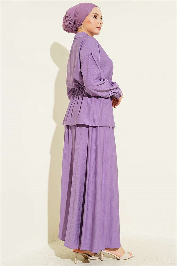 Gold Buttoned Waist Tunnel Skirt 2 Piece Set in Lilac
