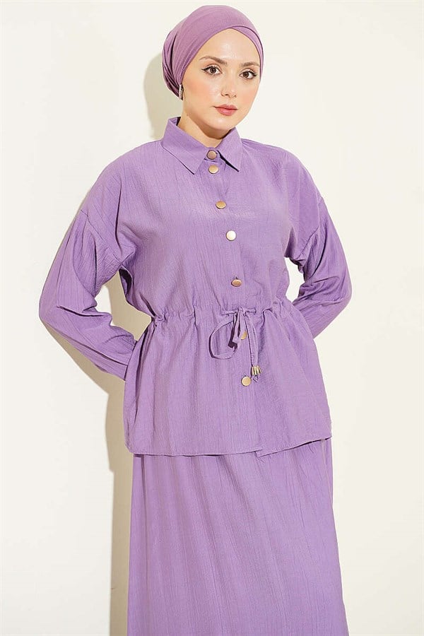 Gold Buttoned Waist Tunnel Skirt 2 Piece Set in Lilac