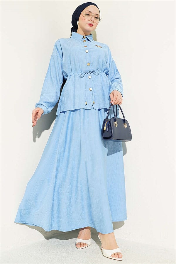 Gold Buttoned Waist Tunnel Skirt 2 Piece Set in Blue