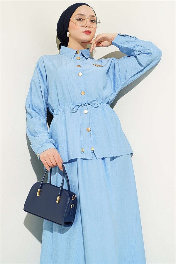 Gold Buttoned Waist Tunnel Skirt 2 Piece Set in Blue