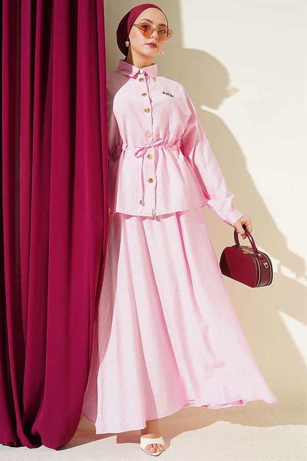 Pink Skirt 2 Piece Set with Gold Buttons and Waistband