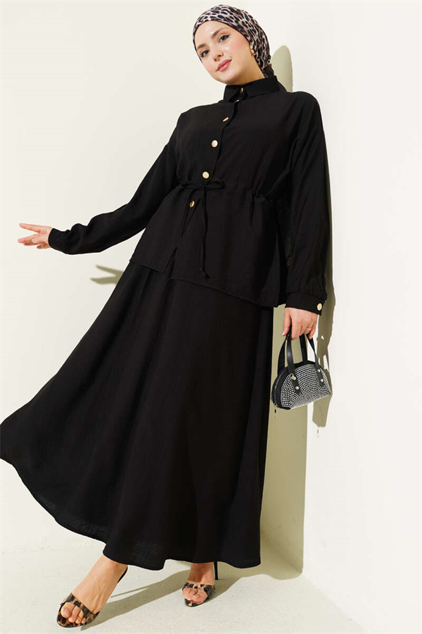 Gold Buttoned Waist Tunnel Skirt 2 Piece Set, Black