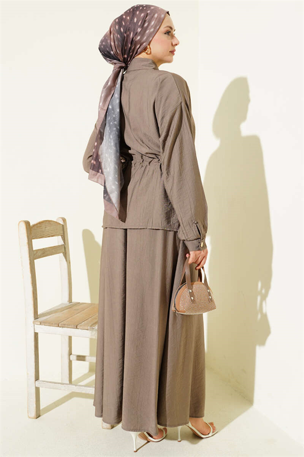 Gold Buttoned Waist Tunnel Skirt 2 Piece Set in Mink Color