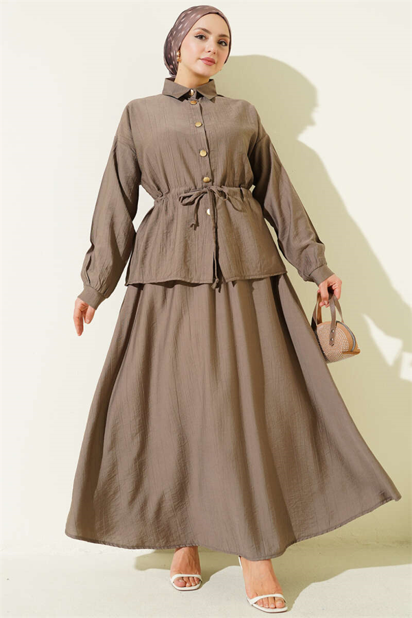 Gold Buttoned Waist Tunnel Skirt 2 Piece Set in Mink Color