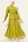 Gold Buttoned Waist Tunnel Skirt 2 Piece Set in Olive Green