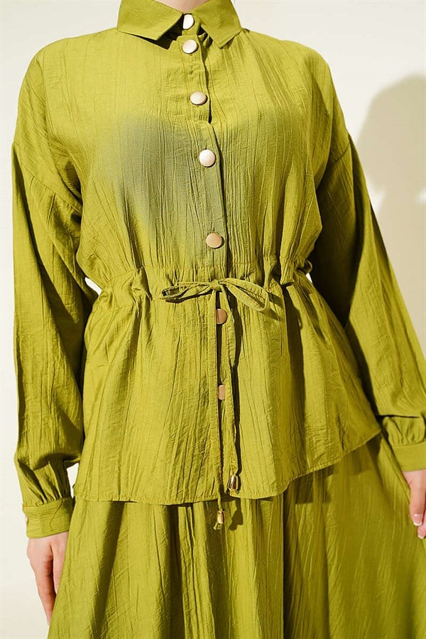 Gold Buttoned Waist Tunnel Skirt 2 Piece Set in Olive Green