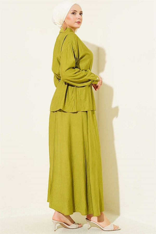 Gold Buttoned Waist Tunnel Skirt 2 Piece Set in Olive Green