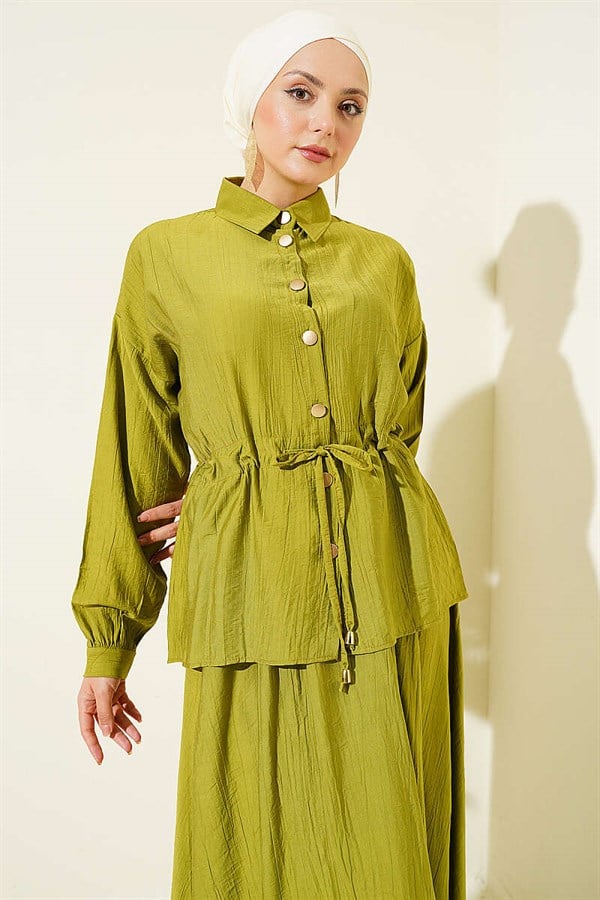 Gold Buttoned Waist Tunnel Skirt 2 Piece Set in Olive Green