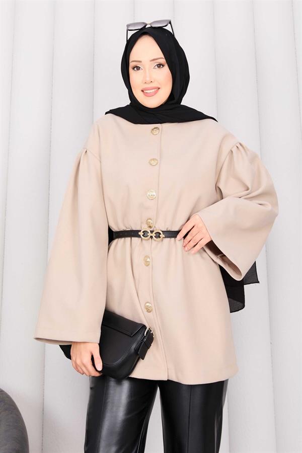 Gold Buttoned Pleated Waist Cashmere Cape Beige