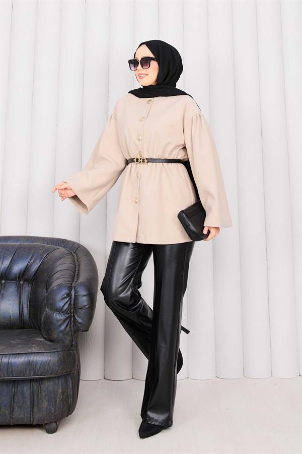 Gold Buttoned Pleated Waist Cashmere Cape Beige