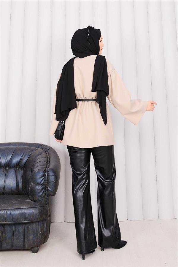 Gold Buttoned Pleated Waist Cashmere Cape Beige