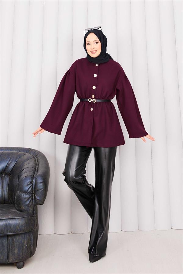 Gold Buttoned Pleated Waist Cashmere Cape Burgundy
