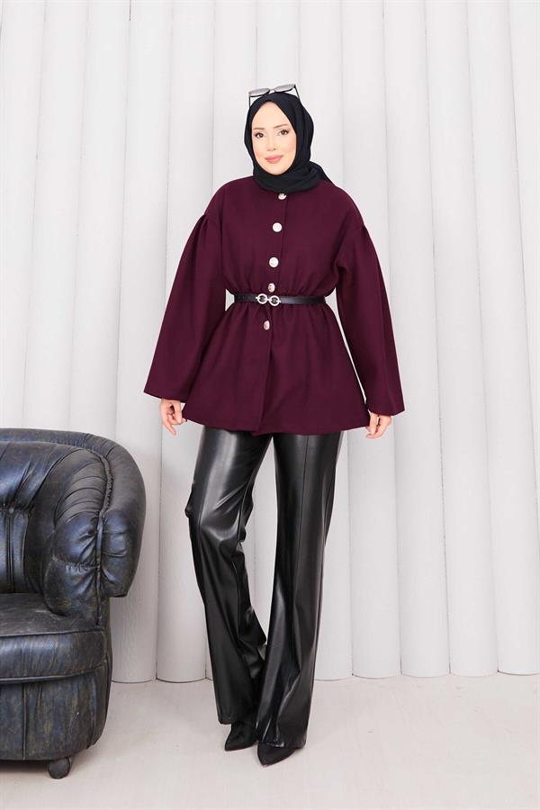Gold Buttoned Pleated Waist Cashmere Cape Burgundy