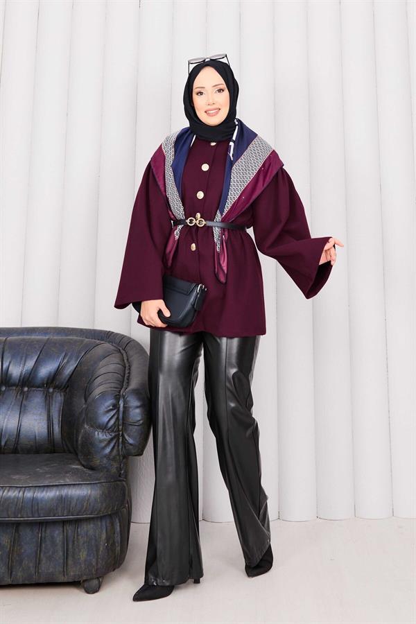 Gold Buttoned Pleated Waist Cashmere Cape Burgundy