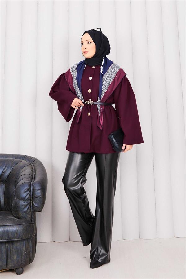 Gold Buttoned Pleated Waist Cashmere Cape Burgundy