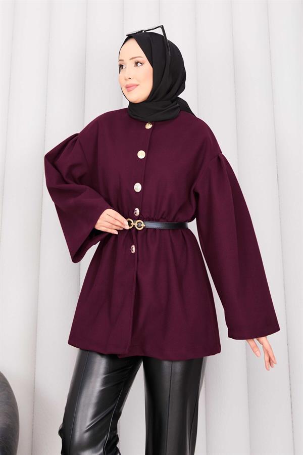 Gold Buttoned Pleated Waist Cashmere Cape Burgundy