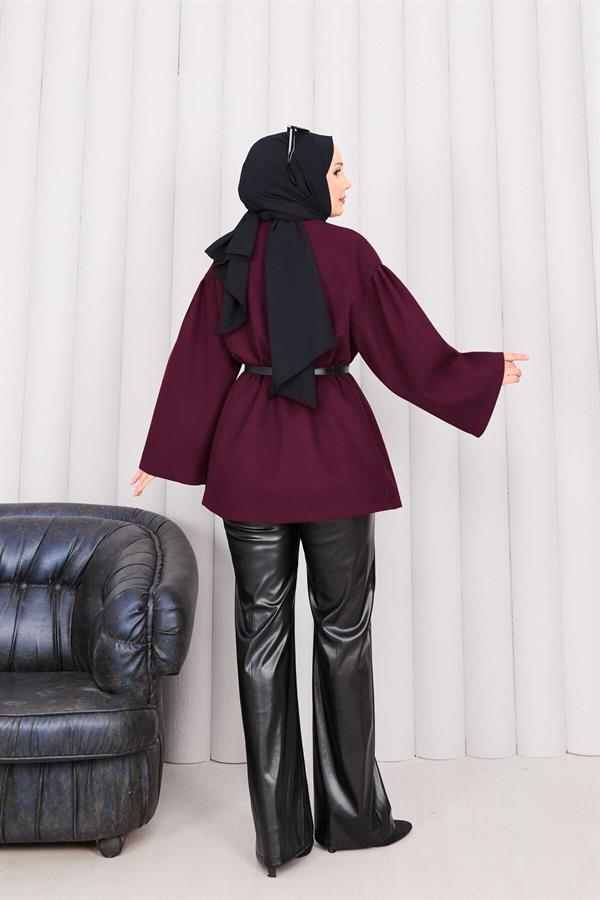 Gold Buttoned Pleated Waist Cashmere Cape Burgundy