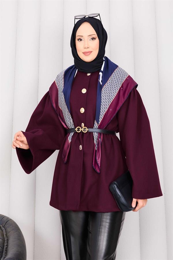 Gold Buttoned Pleated Waist Cashmere Cape Burgundy