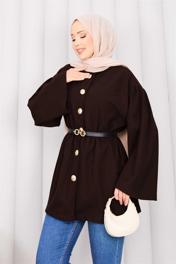 Gold Buttoned Waist Pleated Cashmere Coat Brown