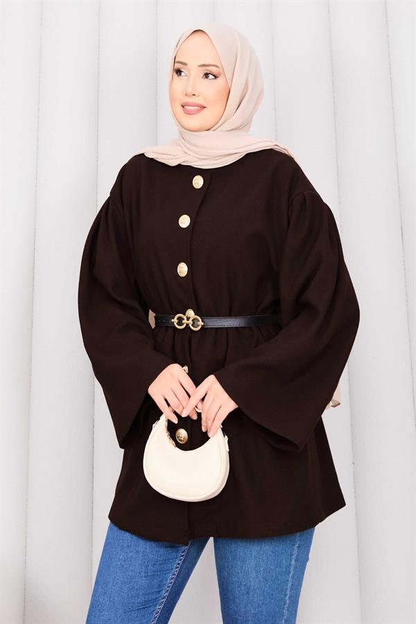 Gold Buttoned Waist Pleated Cashmere Coat Brown